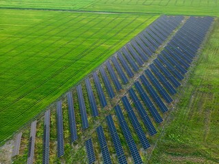 Breathtaking aerial view of solar panels arranged in a field during sunset, capturing the beauty of green energy innovation and sustainable ecology.