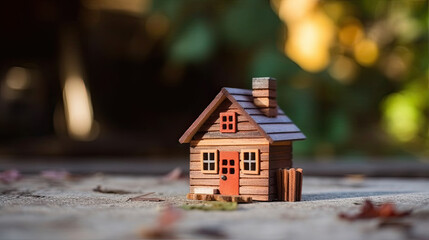 wooden house on a blue background. Real estate rental, purchase and sale concept. Realtor services, building repair and maintenance, copy space