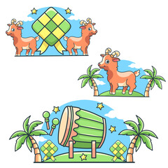 set of cartoon collection of eid al adha.sacrificial goat,islamic drum,and ketupat.vector illustration of elements of muslims holiday celebration.white background