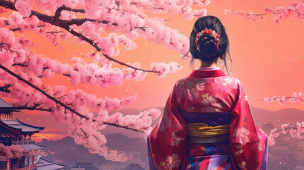 Fototapeta premium Asian woman in kimono in scenic cherry blossom garden.