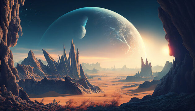Sunrise over the mountains, Game of fantasy extraterrestrial planet landscape and space