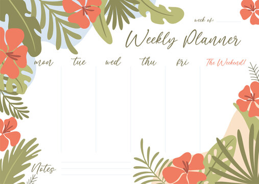 Printable weekly planner concept, with tropical exotic background. Vector illustration