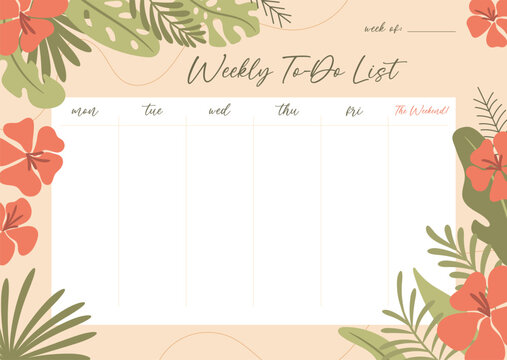 Printable weekly planner concept, with tropical exotic background. Vector illustration