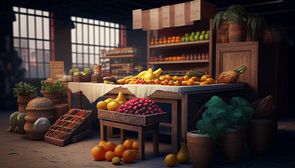 Fruits and vegetables on a counter, Food market stands selling fruits, vegetables, cheese, and meat