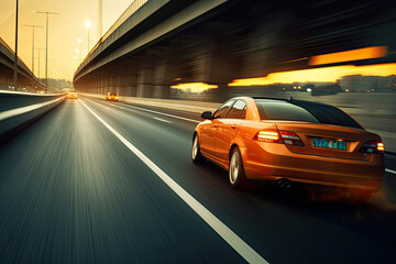 Fototapeta premium Car moving fast on motorway road to city motion blur