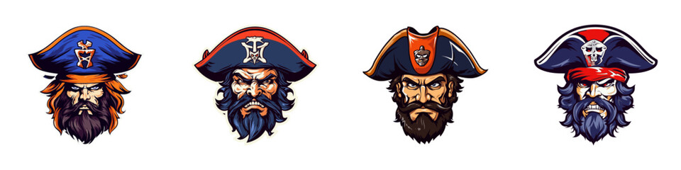 Pirate head sticker set. Vector illustration.