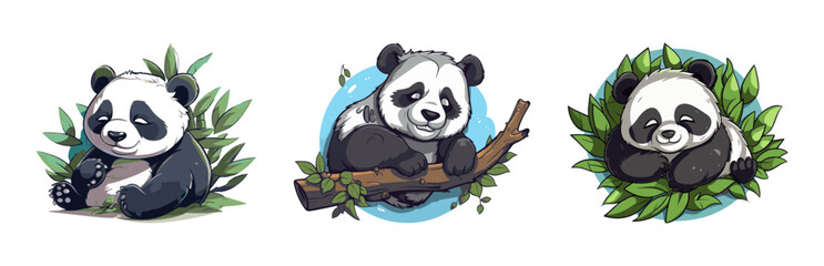 Cartoon panda with leafs. Vector illustration.