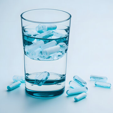 Pills and vitamins inside a glass of water. Generated AI.