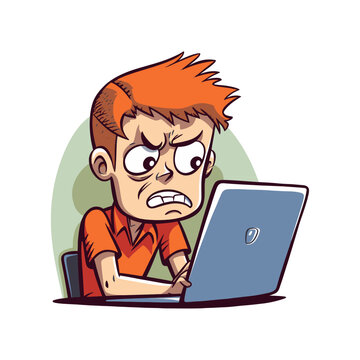 Angry boy at laptop. Cartoon vector illustration.