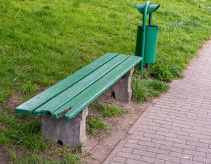 Old Wooden Bench in Park, Outdoor City Architecture, Green Wooden Benches, Outdoor Chair