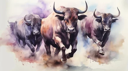 Foto op Canvas watercolor drawing of a group of bulls running on a white background. Generative AI © kichigin19