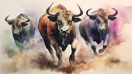 Foto op Plexiglas watercolor drawing of a group of bulls running on a white background. Generative AI © kichigin19