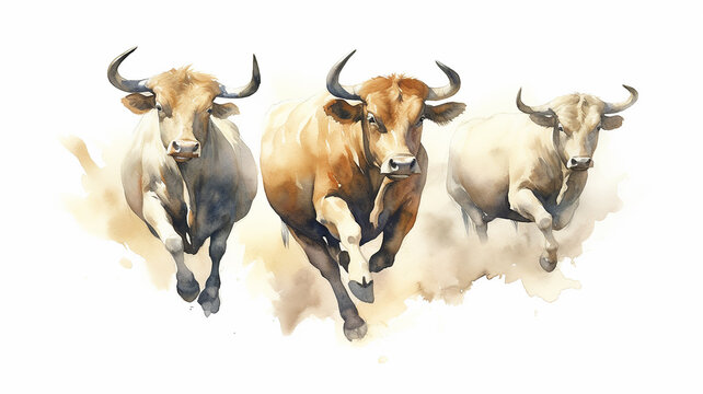 watercolor drawing of a group of bulls running on a white background. Generative AI