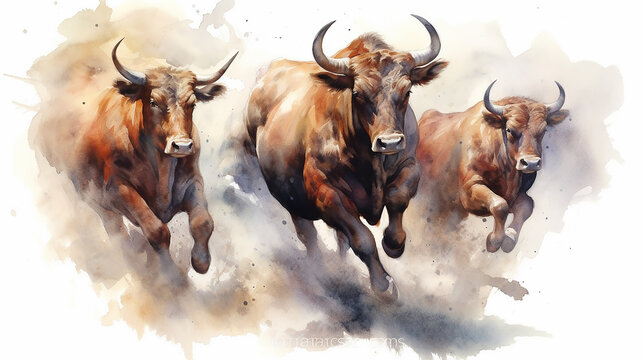 watercolor drawing of a group of bulls running on a white background. Generative AI