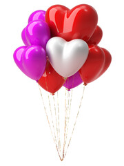 Bunch of heart shaped foil balloons on white background. 