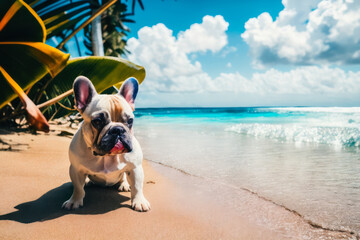 Fototapeta na wymiar Digital photo of a cute French bulldog lies on the tropical beach on a sunny day. Wildlife imagery, the concept of ecological environment. Generative AI
