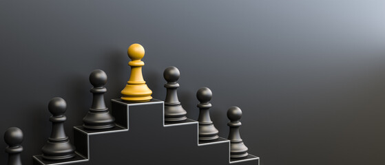 Leadership and growth concept, yellow pawn of chess, standing out from the crowd of black pawns, on black background with empty copy space on right side. 3D Rendering