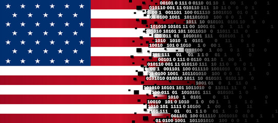 US flag with binary code. The concept of digitalization.