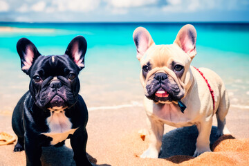 Fototapeta premium Digital photo of a cute French bulldog lies on the tropical beach on a sunny day. Wildlife imagery, the concept of ecological environment. Generative AI