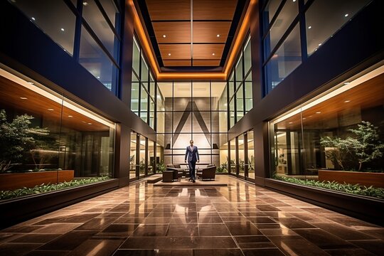 Man Standing in a Spacious, Well-Lit Office Lobby with Modern Furnishings