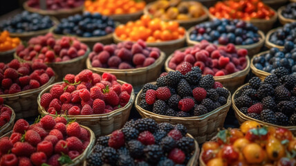 Fototapeta na wymiar Farmers Market Berries Assortment Closeup. Strawberries, Blueberries, Raspberries in boxes. fresh ripe fruits for sale, selective focus. Different berries market choice. generative ai