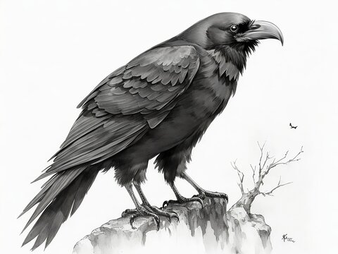 crow on a branch rawen ink drowing 