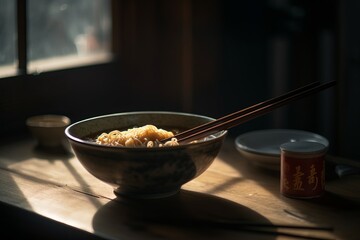 a bowl of delicious japaneese noodles with chopsticks on a table in a japaneese restaurant - obrazy, fototapety, plakaty