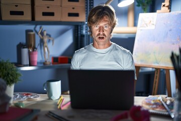 Middle age man sitting at art studio with laptop at night afraid and shocked with surprise expression, fear and excited face.