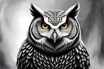 Owl in black and white color with elegant eyes
