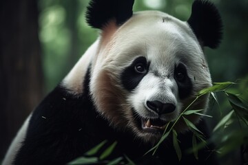 panda bear eating bamboo in a bamboo forest of china