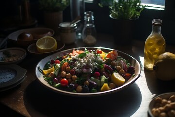Fototapeta na wymiar a delicious plate of mediterranean salad on a table in a restaurant