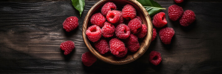 Raspberries Basket on Rustic Wooden Table. Fresh Juicy Delicious and Ripe Garden Natural Berries for Healthy Diet Culinary Delights. Closeup with Copy Space. Eco Farming concept. generative ai