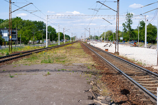 Railway Lines Closeup, Train Tracks with Track Ballast Stones, Metal Rails, Old Railway Track