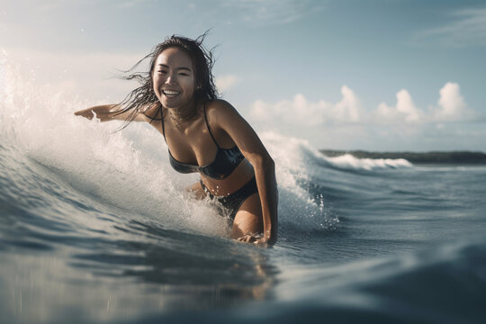 beautiful asian woman practicing surf in the ocean in summer under sunset light on a tropical sea with a big and energetic smile.