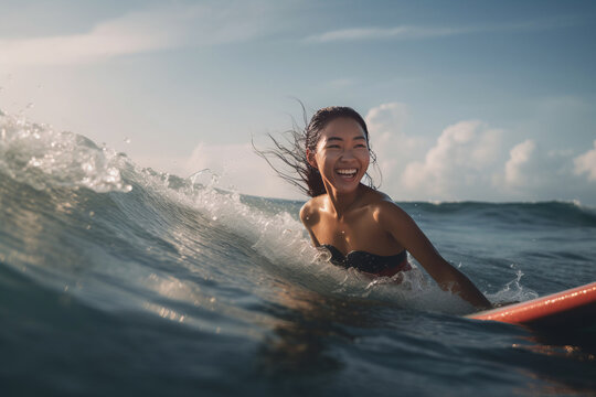 beautiful asian woman practicing surf in the ocean in summer under sunset light on a tropical sea with a big and energetic smile.