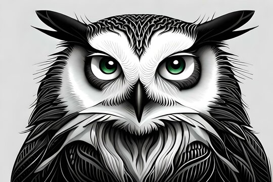 Owl in black and white color with elegant eyes