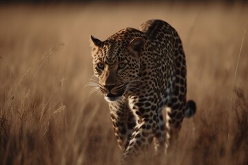 a guepard walking on the grass in the african grassland under sunset light