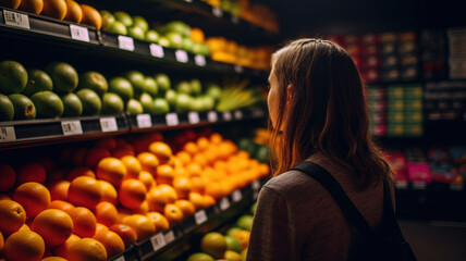 Woman Shopping in Supermarket, Farm Market. Girl Buying Fruits, Grocery Store female chooses goods. Oranges, citrus fruits in boxes. generative ai