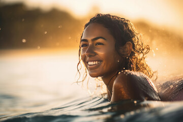Fototapeta premium beautiful latin woman practicing surf in the ocean in summer under sunset light on a tropical sea with a big and energetic smile.