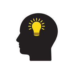 black human head and yellow bulb like insight. flat simple trend modern abstract did you know logotype graphic art design isolated on white. concept of thinking process in startup or research project