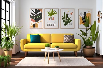 Retro and scandi style interior of the living room with a yellow sofa, coffee table, plants, bedside table, pillows. Cozy home déco - generative ai