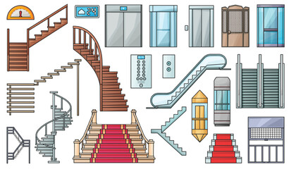 Staircase and lift vector color set icon.Vector illustration stair and escalator.Isolated color icon wooden of metal staircase on white background.