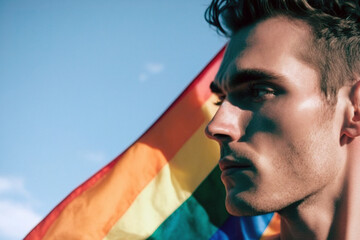 Homosexual man with LGBT rainbow flag standing against blue sky on a sunny day. Defense of human rights and equality. Generative AI.