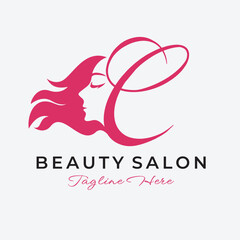 Letter C Beauty Salon Logo Design, Beautiful Woman Face Hair Care Icon