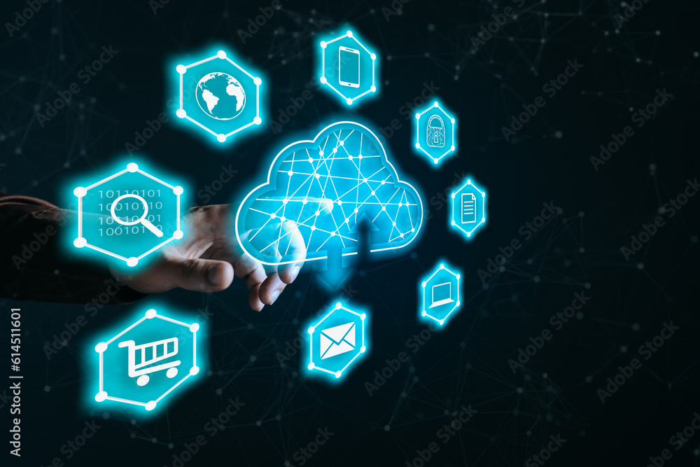 Poster hand touch cloud computing diagram show on hand.data storage.the use of online digital network techn