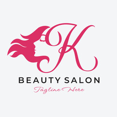 Letter K Beauty Salon Logo Design, Beautiful Woman Face Hair Care Icon