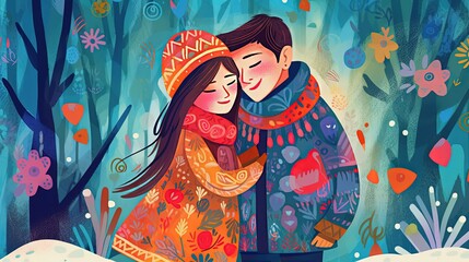 Fototapeta premium art illustration cute couple cuddle while walking in winter woods, Generative Ai
