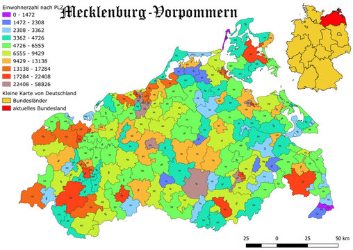 Federal state Mecklenburg - Vorpommern population by postal code map with Germany vector map 