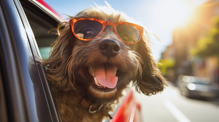 Funny happy dog in glasses looking out of the car window while traveling. AI generation - obrazy, fototapety, plakaty