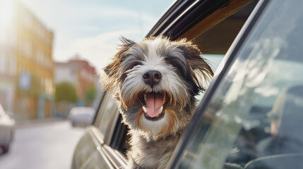 Funny happy dog looking out of the car window while traveling. AI generation